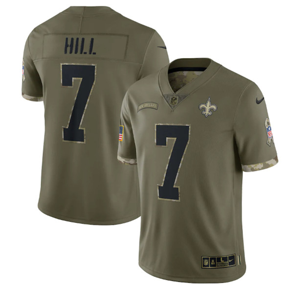 Men's New Orleans Saints #7 Taysom Hill 2022 Olive Salute To Service Limited Stitched Jersey